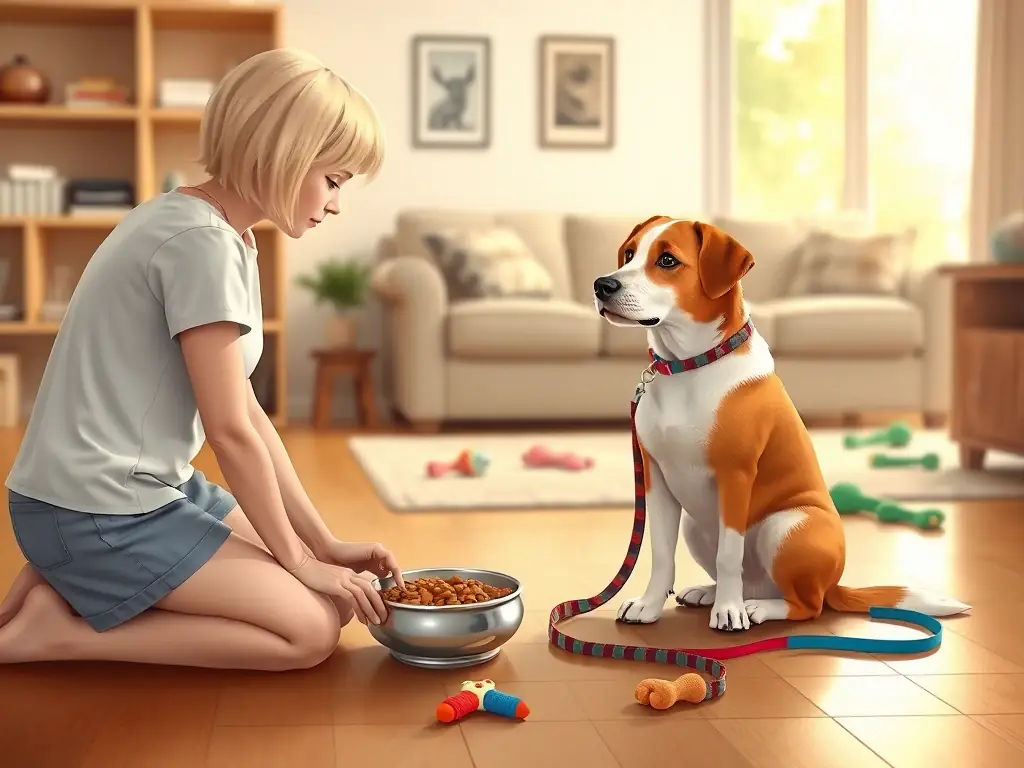 A friendly pet sitter feeding a dog in a cozy home setting, with a leash and toys nearby, representing Paws of Brevard's drop-in pet visit service.