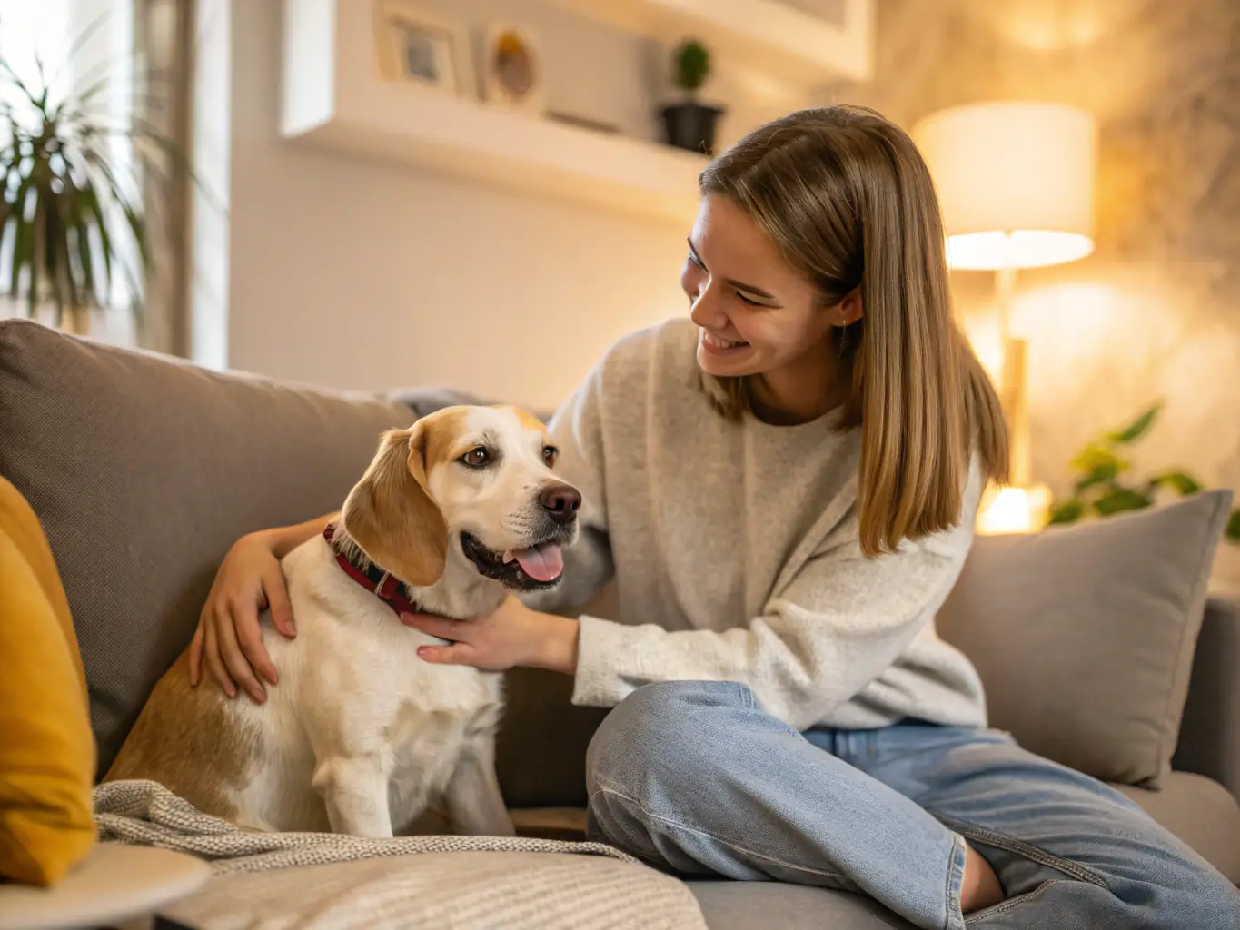 A close-up shot of a friendly pet sitter gently petting a golden retriever in a sunny living room, emphasizing the personal care and attention provided.