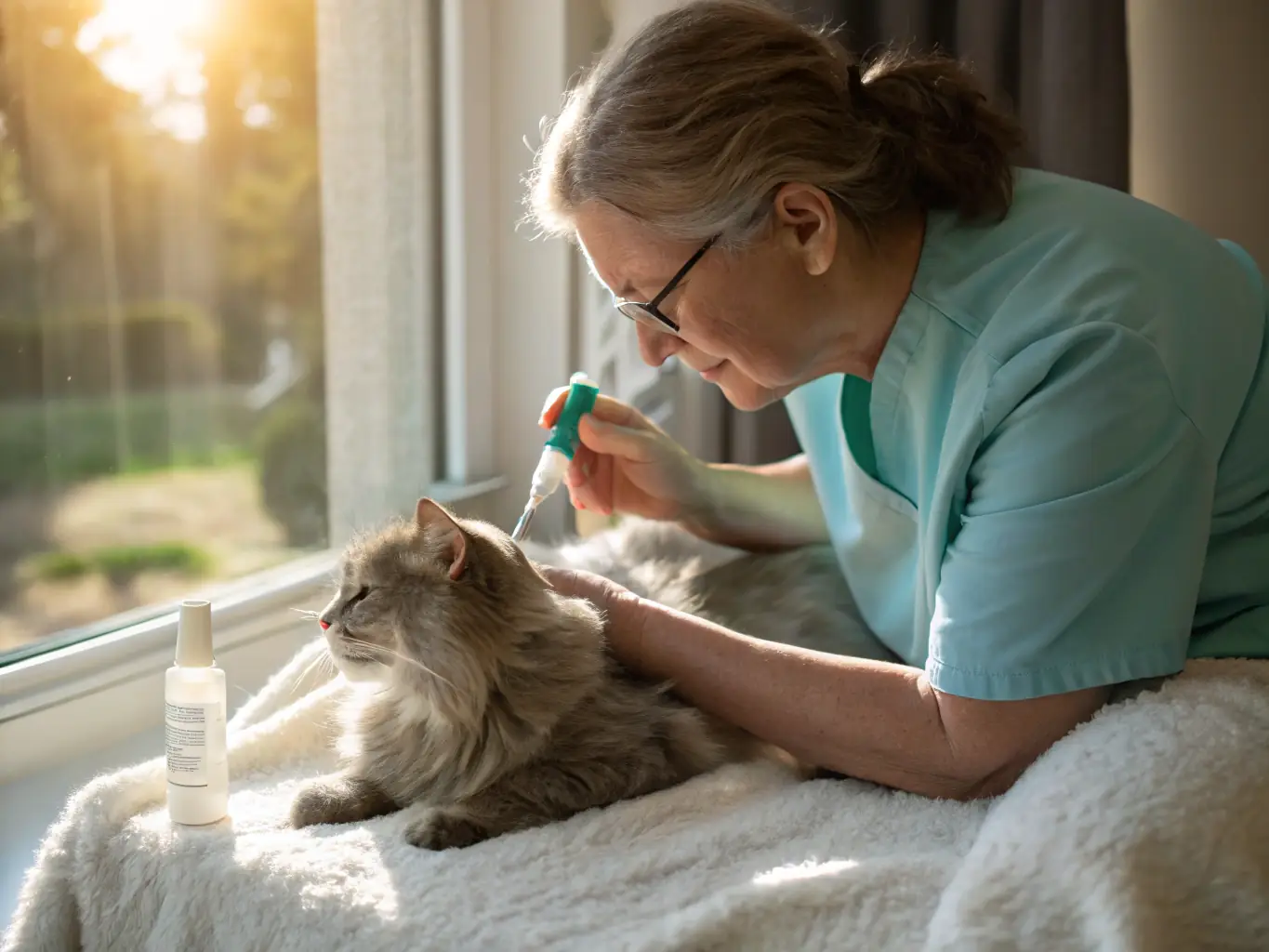 A caring pet sitter administering medication to a cat with a gentle touch, highlighting the professional and attentive care provided.