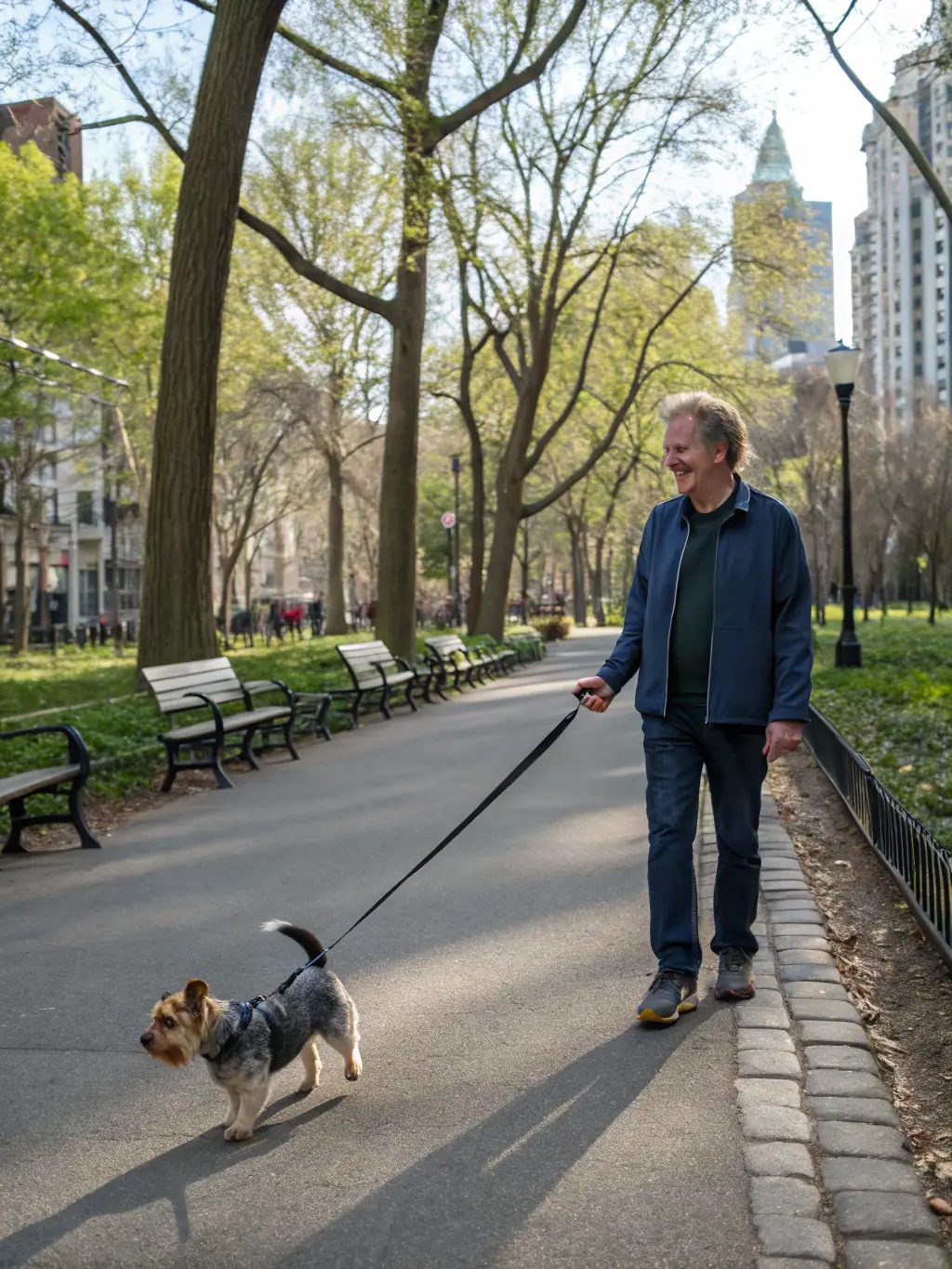 A happy dog on a leash being walked in a park by a Paws of Brevard pet sitter, emphasizing the joy and exercise provided during dog walking services.
