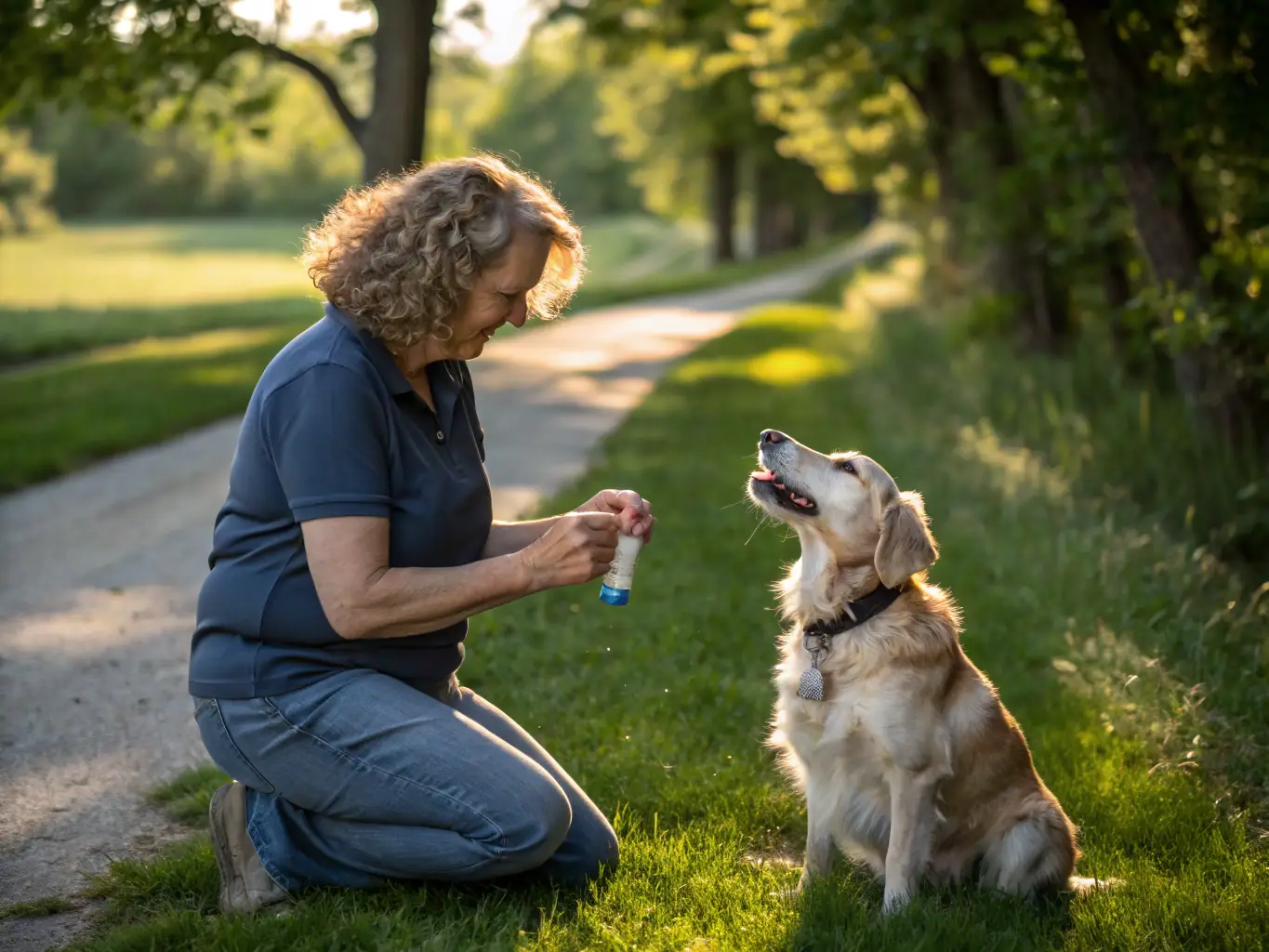 A pet caregiver giving medication to a small dog with a pill pocket, showing careful attention, illustrating Paws of Brevard's medication dispensing service.