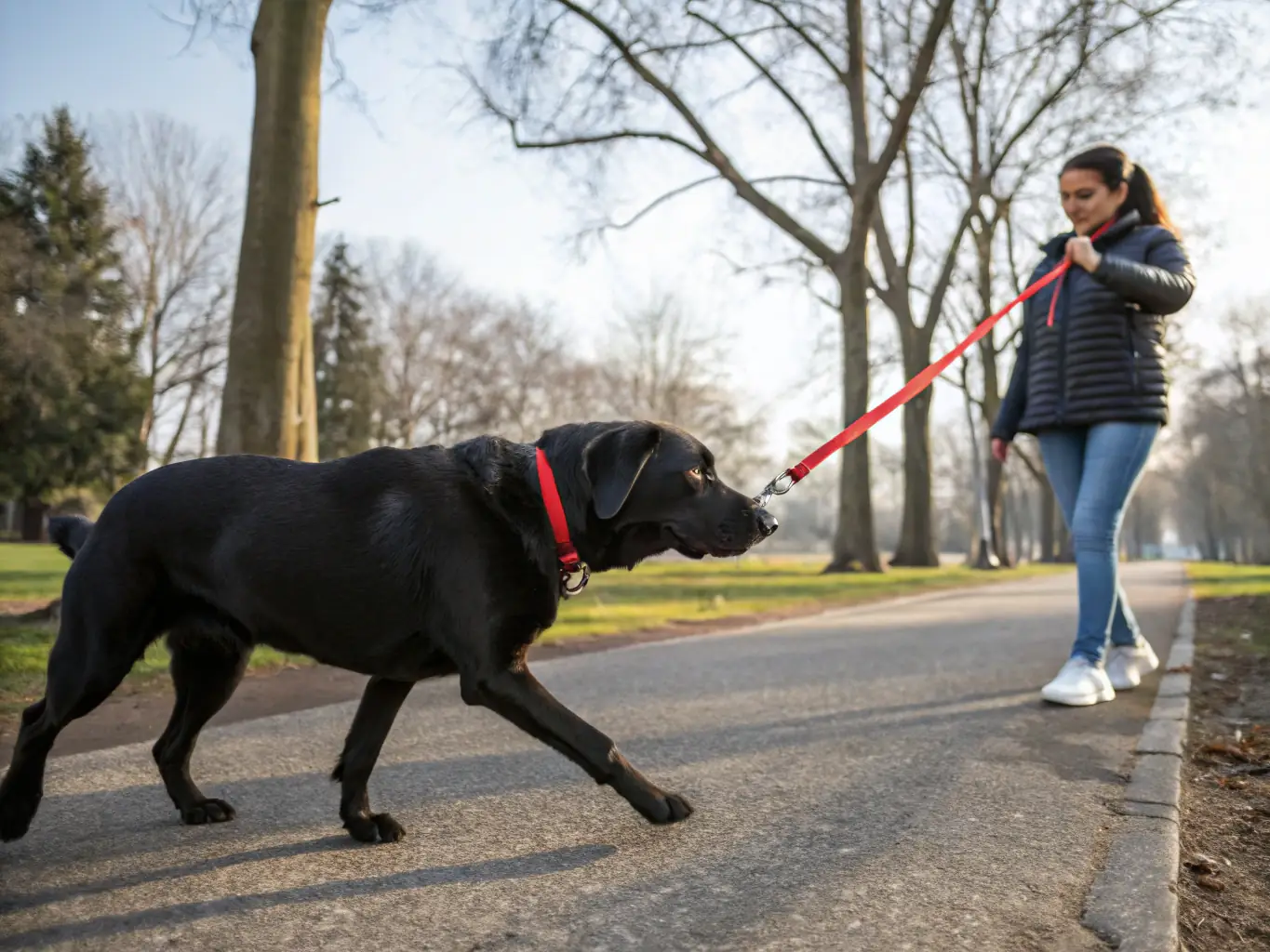 A pet sitter walking a happy dog in a scenic neighborhood park, showcasing Paws of Brevard's dog walking service.