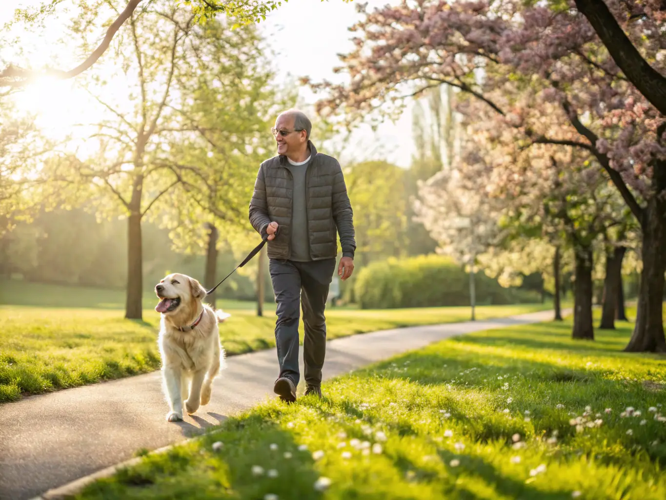 A happy dog being walked by a pet sitter in a lush, green park, showcasing the joy and exercise they receive.